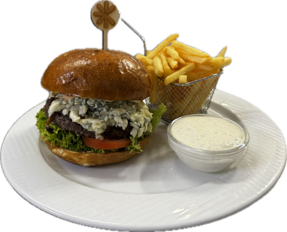 Hovězí burger s modrým sýrem a karamelizovanou cibulí